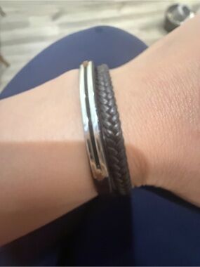 Men's Black Braided Leather and Silver Metal Bracelet
